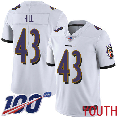 Baltimore Ravens Limited White Youth Justice Hill Road Jersey NFL Football #43 100th Season Vapor Untouchable